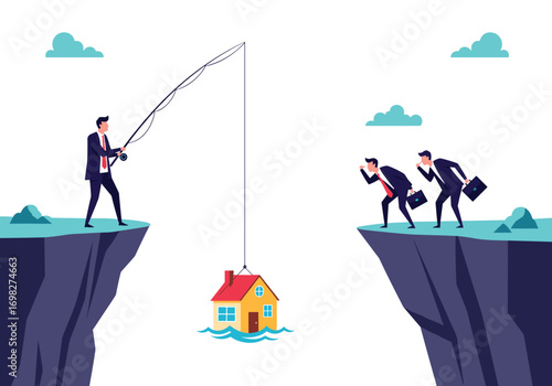 Businessman fishing for a house between two cliffs with other businessmen observing the situation