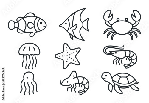 Vector silhouettes of marine animals on dark background