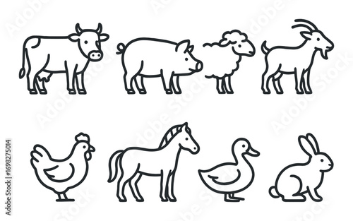 Silhouette icons of farm animals: cow, pig, sheep, goat, chicken, horse, duck, rabbit