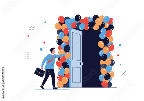 A man in a suit reaching to open a doorway surrounded by colorful balloons