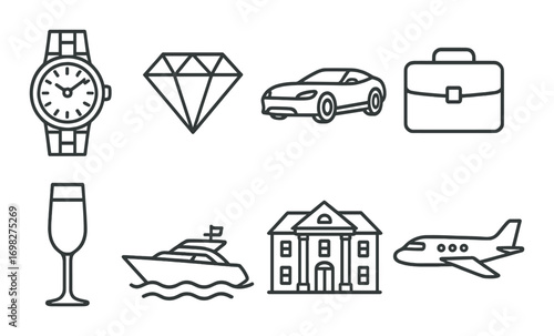 Luxury symbols: watch, diamond, car, briefcase, wine, yacht, mansion, airplane on metallic background