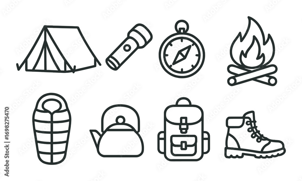 Fototapeta premium Camping essentials icons: tent, flashlight, compass, campfire, sleeping bag, kettle, backpack, hiking boot