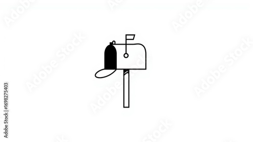 Simple black and white line art icon of an open mailbox with the flag up, symbolizing mail delivery, correspondence, and communication