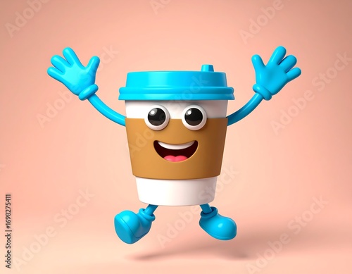 A 3D coffee cup character jumping with joy