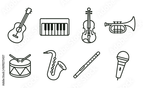 Musical instruments icons set featuring guitar, piano, violin, trumpet, drum, saxophone, flute, microphone