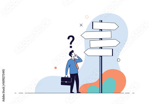 Confused businessman standing at a crossroads with multiple directional signs asking which way to go decision making process