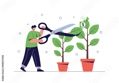 Person trimming a plant representing financial growth with scissors as metaphor for cost cutting strategies