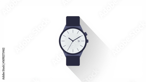 A stylish and simple analog watch with a long shadow, a flat design vector illustration symbolizing time and fashion