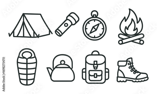 Camping essentials icons: tent, flashlight, compass, campfire, sleeping bag, kettle, backpack, hiking boot