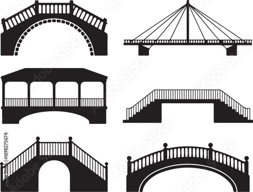 Collection of Silhouette Bridges in Various Architectural Styles on a Transparent Background