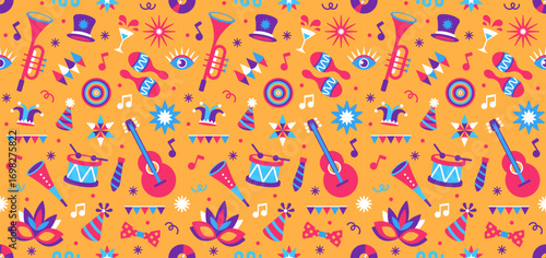 Seamless carnival purim pattern. Musical instruments, holiday stuff, traditional props, masks, sparkles on yellow background. Modern flat style design.