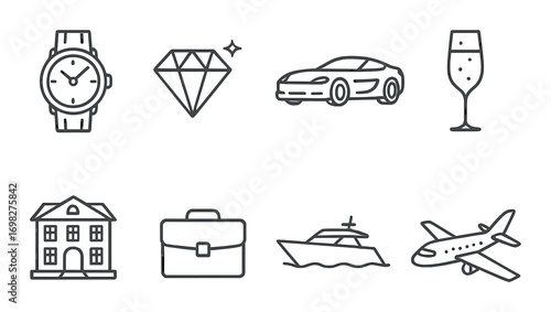 Luxury icons featuring watch, diamond, car, champagne glass, house, briefcase, yacht, airplane
