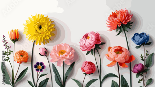 Vibrant Spring Flower Collection on White Background. Diverse Colorful Blooms and Greenery for Design & Decoration