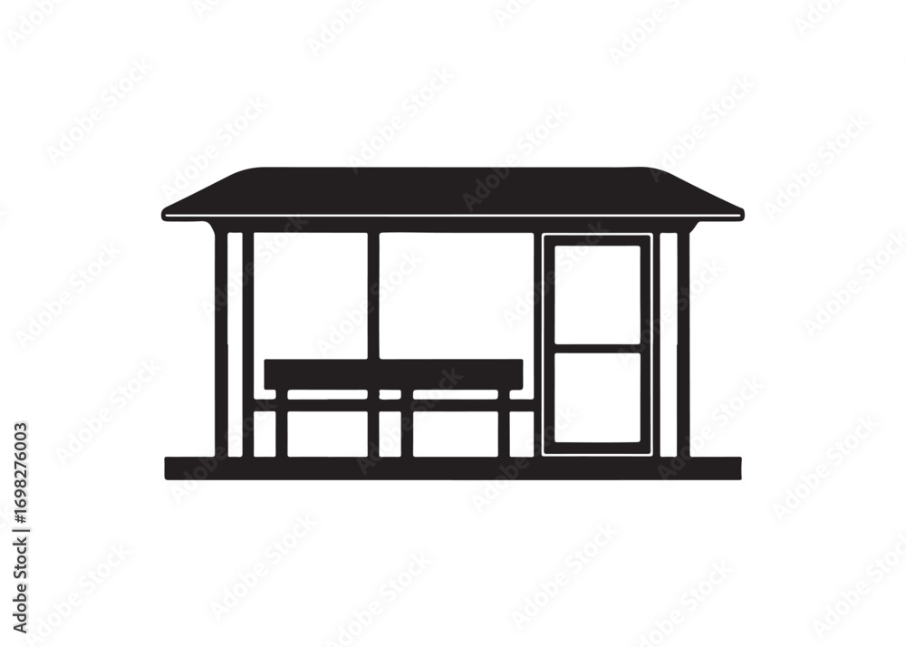 Fototapeta premium Black silhouette of bus stop shelter with roof and bench, vector design isolated.