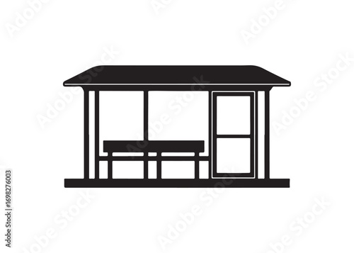 Black silhouette of bus stop shelter with roof and bench, vector design isolated.