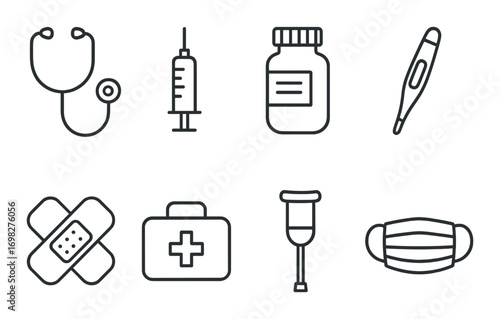 Medical icons set: stethoscope, syringe, medicine, thermometer, bandage, kit, crutch, mask