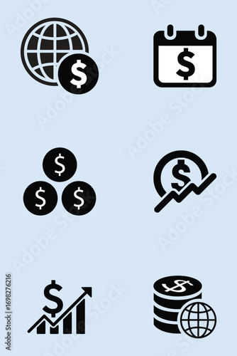 Collection of black and white financial icons illustrating money growth and investment concepts