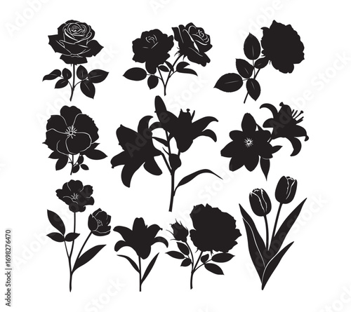 Black silhouettes of flowers on a white background. Vector illustration. Flowers.