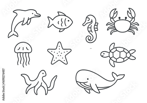 Marine animal outlines on gray: dolphin, fish, seahorse, crab, jellyfish, starfish, octopus, turtle, whale