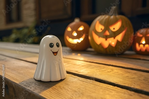 Photo-Realistic Happy Ghost Figure with Pumpkins and Jack-O’-Lanterns on Wooden Surface