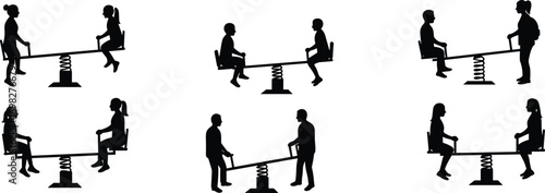 Seesaw silhouette, children playing, playground activity, kids outdoor, black shadow, family fun, exercise balance, park game, leisure activity, motion play
