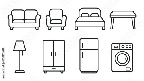 Outline icons of home furniture and appliances on dark background