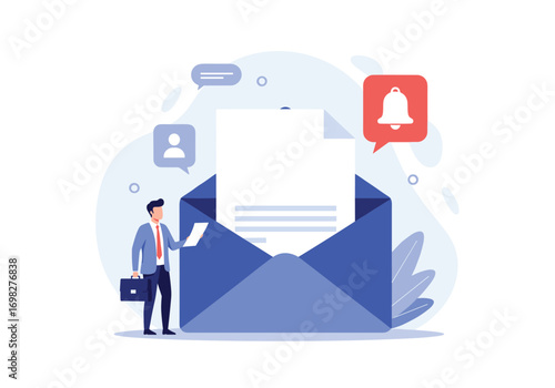 Illustration of businessman checking incoming mail with notifications and communication icons showing concept of digital correspondence and information exchange