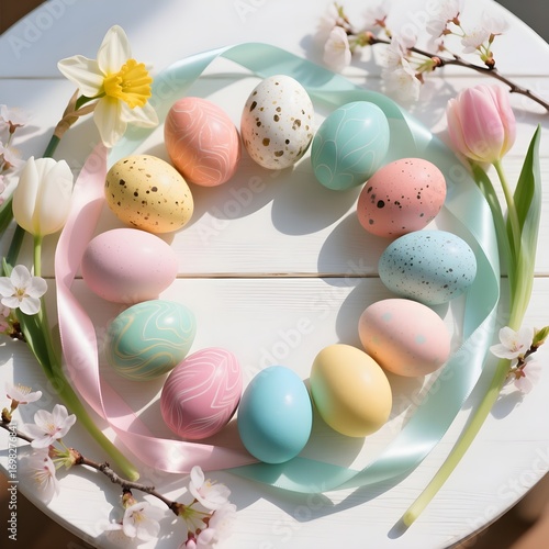 A Pastel Spring Wreath of Easter Eggs and Flowers