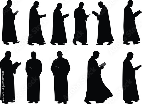 Silhouettes of religious men reading books, priest figures in robe, isolated spiritual characters, clergy illustration, Christian worship, vector design