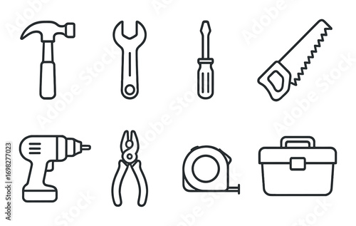 Outline of essential handyman tools on dark background