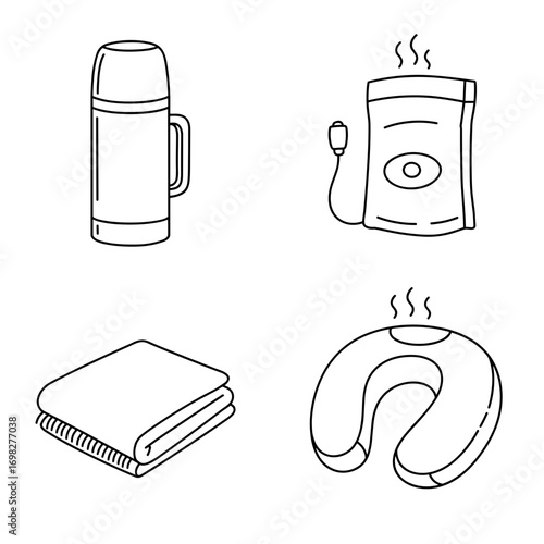 Collection of Winter Travelling themed icons, including thermos, hand warmer, blanket, neck pillow