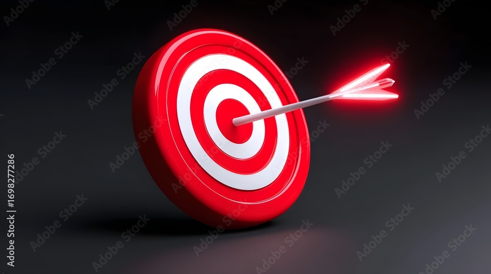 A vibrant red and white target with an arrow piercing the center bullseye, symbolizing success, precision, and the achievement of goals. A vibrant red and white target with an arrow piercing the center bullseye, symbolizing success, precision, and the achievement of goals.