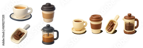 Realistic coffee icon collection featuring a ceramic cup, travel mug, French press, and a scoop with coffee beans isolated on a white background