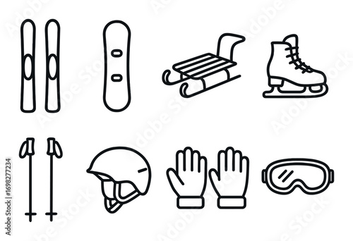 Winter sports equipment icons: skis, snowboard, sled, ice skates, helmet, gloves, goggles
