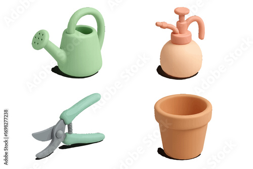 Cute set of pastel gardening tools with a watering can, spray bottle, pruning shears, and an empty flower pot isolated on white