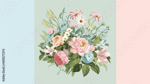 Elegant Pastel Floral Bouquet Illustration with Vintage Style Flowers and Green Leaves on Soft Background