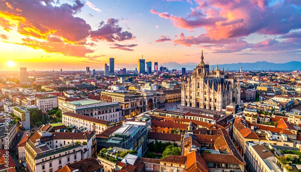 Fototapeta premium A stunning aerial view of Milan's cityscape at sunrise, showcasing the Duomo and modern skyscrapers.