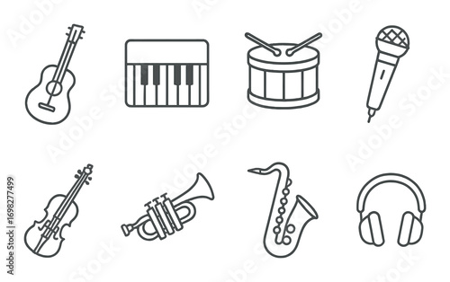 Musical instrument icons: guitar, piano, drum, microphone, violin, trumpet, saxophone, headphones