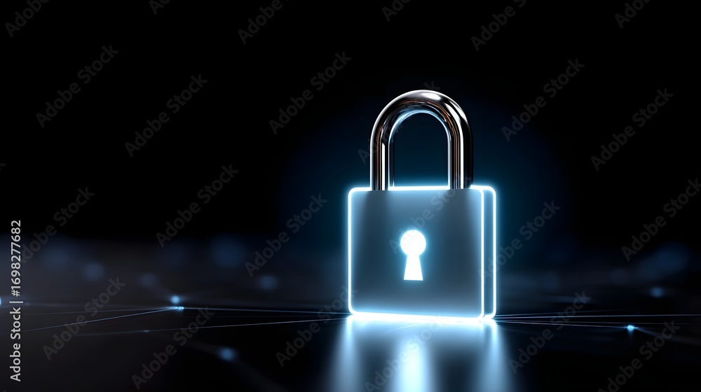 Fototapeta premium A glowing digital padlock icon against a dark background, representing the importance of cybersecurity, access control, and safeguarding private information.