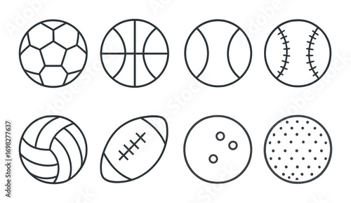 Eight sports balls: soccer, basketball, tennis, baseball, volleyball, football, bowling, ping pong