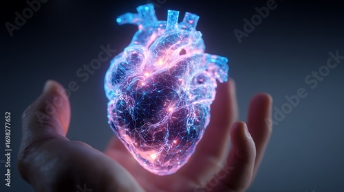 Illuminated anatomical heart held in human hand representing medical innovation