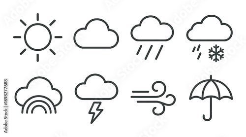 Weather icons: sun, cloud, rain, snow, rainbow, wind, umbrella graphics on gradient background