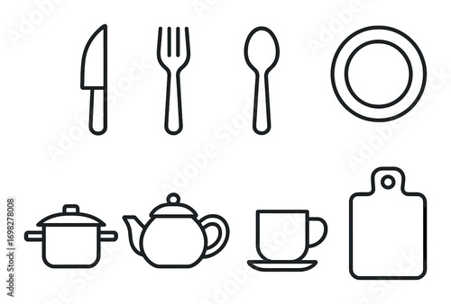 Kitchen utensil icons: knife, fork, spoon, plate, pot, teapot, cup, cutting board on metallic background