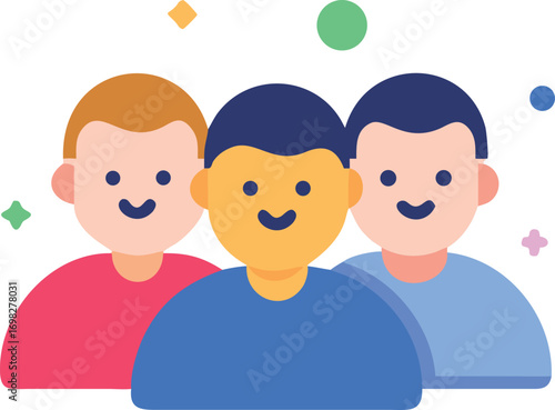 Diverse group of three happy people with cheerful smiles and colorful sparkling accents celebrating togetherness and positive vibes