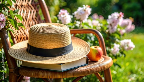 A straw hat and book rest on a wicker chair amidst blooming flowers