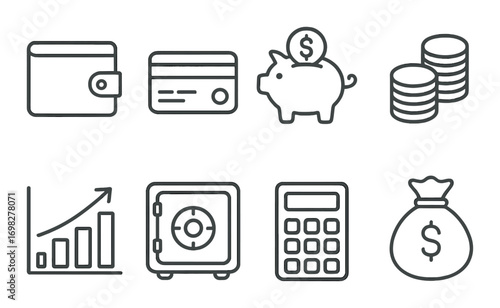 Financial icons set: wallet, credit card, savings, analytics, safe, calculator, money bag