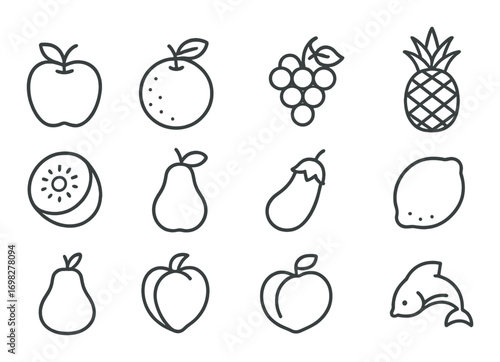 Outline illustrations of various fruits and fish on dark background