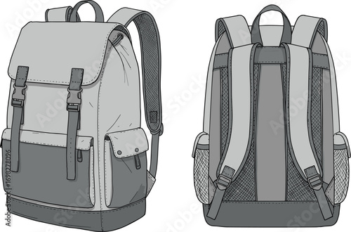 Backpack front and rear view, buckle straps, padded shoulder, mesh pockets, ergonomic design, travel gear, cad drawing flat vector illustration