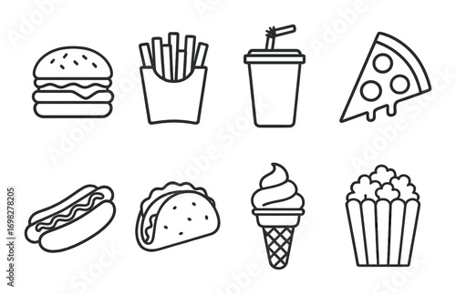 Fast food icons: burger, fries, drink, pizza, hotdog, taco, ice cream, popcorn in monochrome