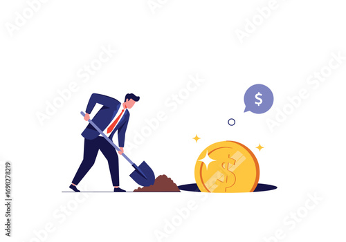Entrepreneur unearthing a golden coin symbolizing financial success and wealth accumulation